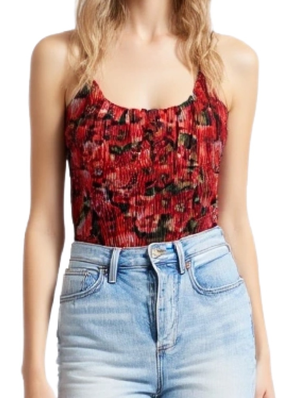 Dynamite Red & Black Floral Bodysuit Camisole with Ruched Bodice Size Medium